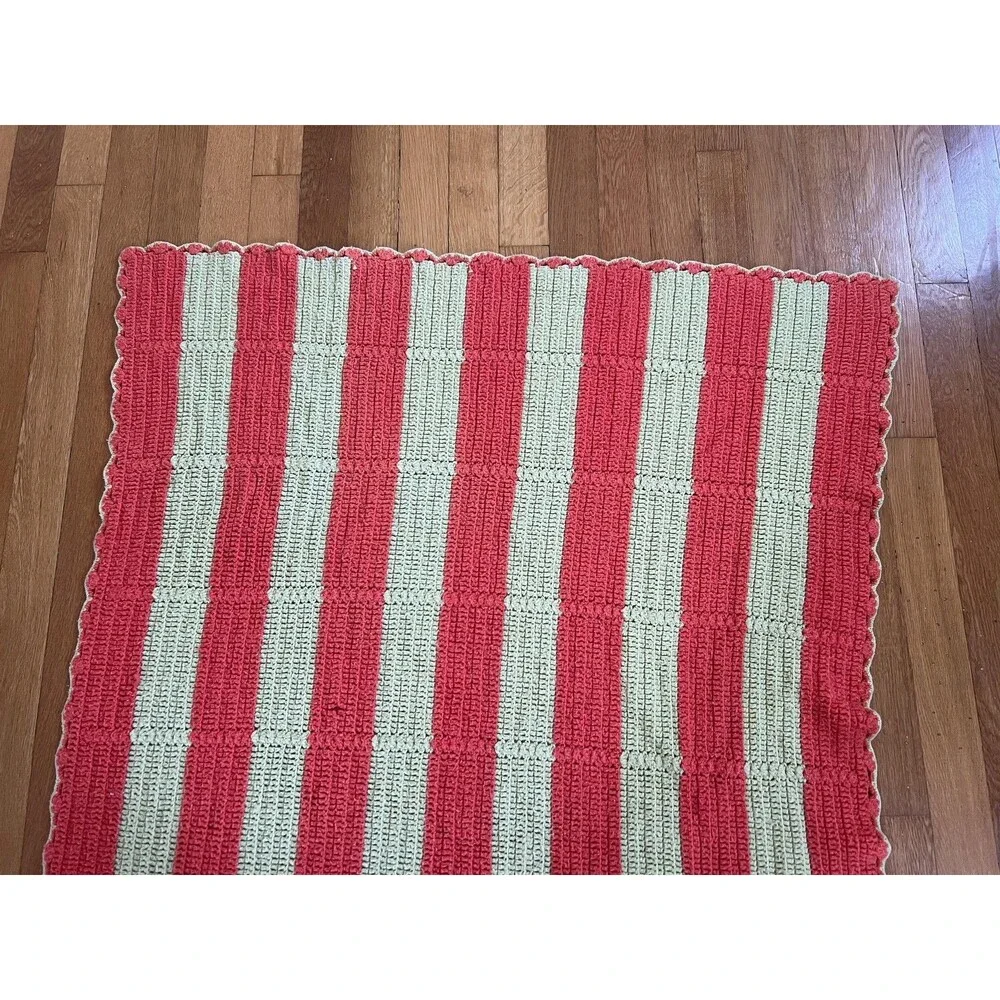 Handmade Crochet Striped Afghan Blanket Lap Throw 71x50 Coral Green Cottage